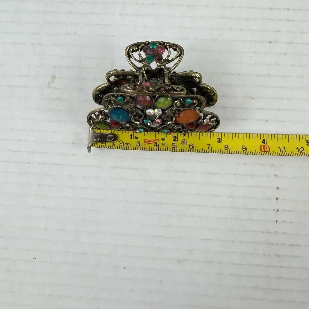 Vintage Gold Tone Metal Jeweled Rhinestones Hair Clip Claw